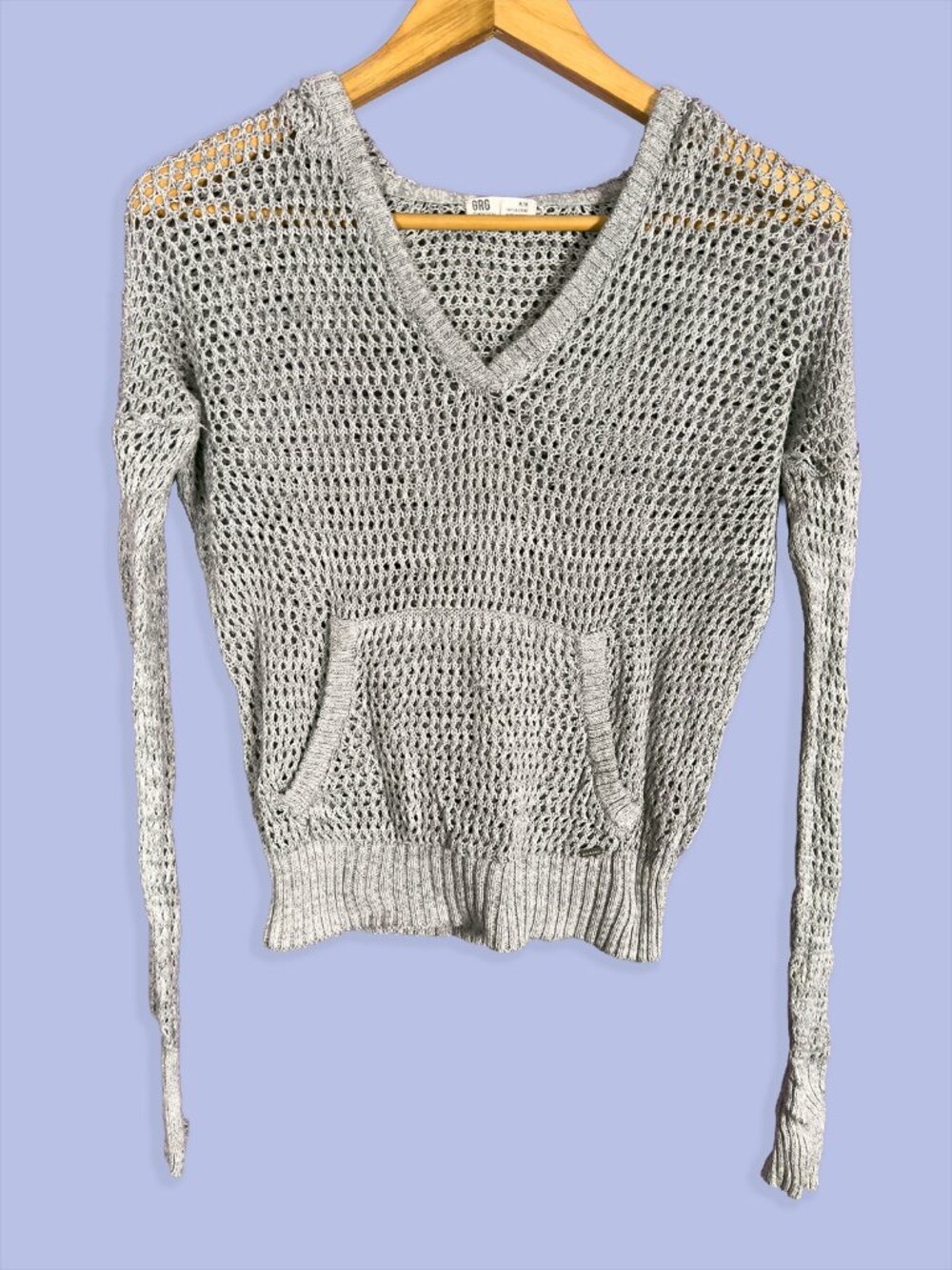 Garage Open Knit Hooded Sweater Gray V-Neck Pullover Y2K